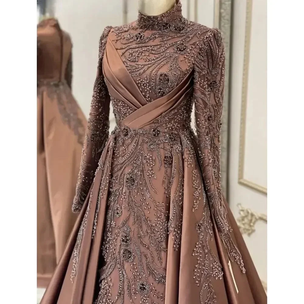 Muslim High Collar Long Sleeve Evening Dress Satin Lace Beaded Ball Dress Formal Party Dress Robe Customization