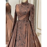 Muslim High Collar Long Sleeve Evening Dress Satin Lace Beaded Ball Dress Formal Party Dress Robe Customization
