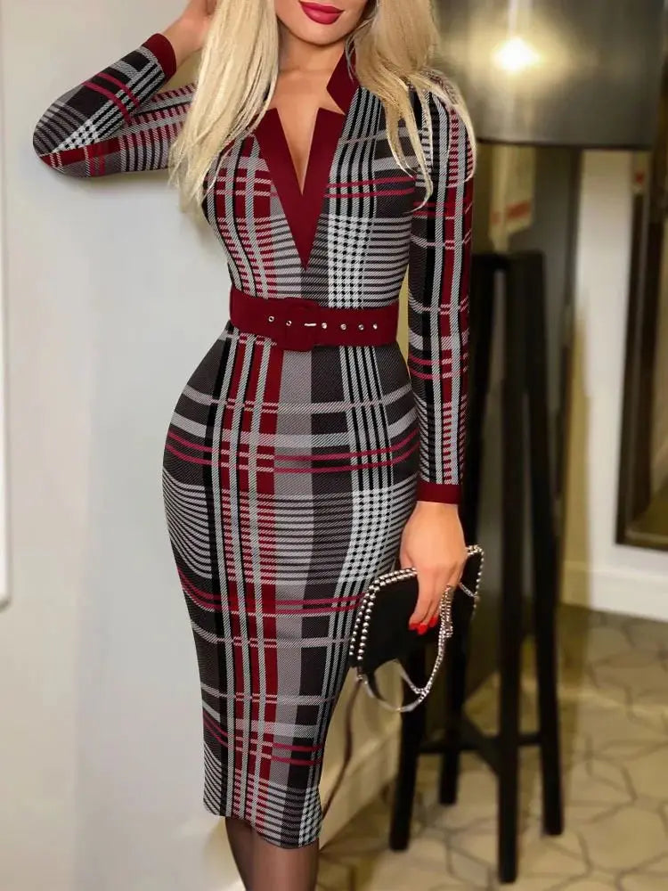 Elegant Geometric V-Neck Belted Midi Dress