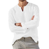 Men's Cotton Linen Shirt Cozy Solid Color Long Sleeve Breathable Tops V Neck Casual Blouse Hawaiian Shirt Lightweight Shirts