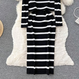 Korean Sweet Hit Color Patchwork Striped Spaghetti Strap Dress and V Neck Long Sleeve Cardigans 2 Pieces Sets