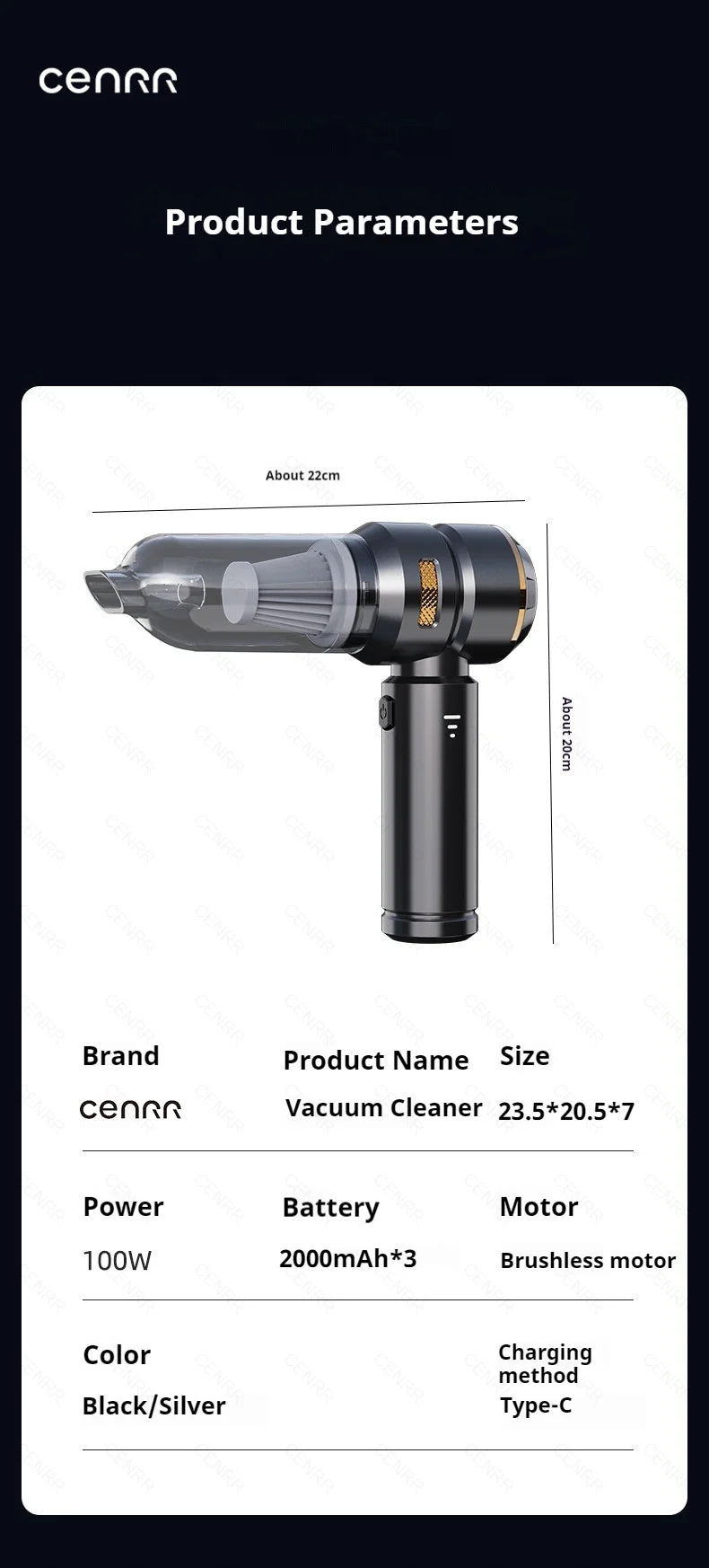 CENRR 998000PA Cordless Car Vacuum Cleaner – 3-Speed