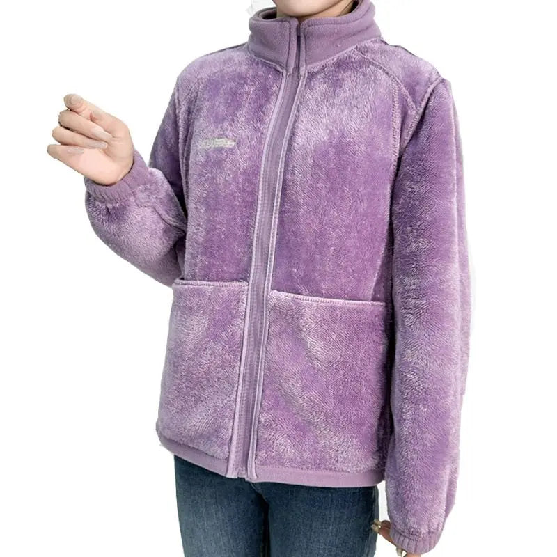 Women's Fleece Zip-Up Jacket with Embroidered Stand Collar