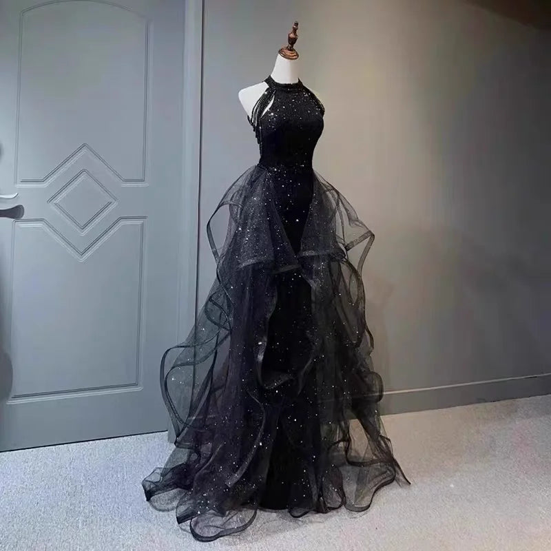 Elegant Sparkling Halter Evening Gown with Beading & Sweep Train