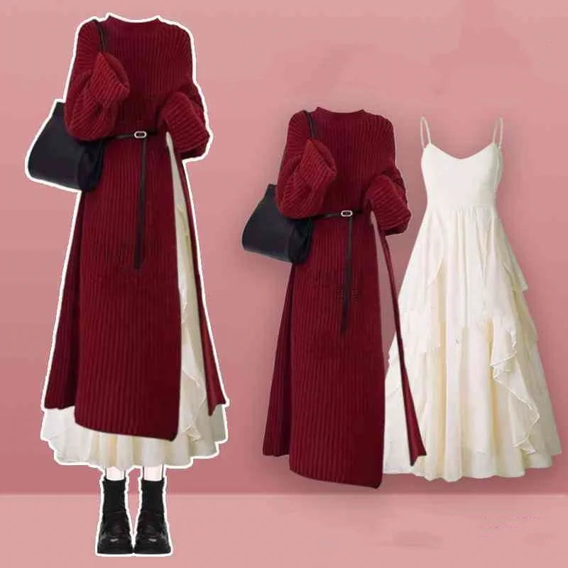 Women's Spring Autumn Long Split Sweater Sling Dress Two Piece Set Lady Graceful Black Knit Clothing Sleeveless Dresses Outfits