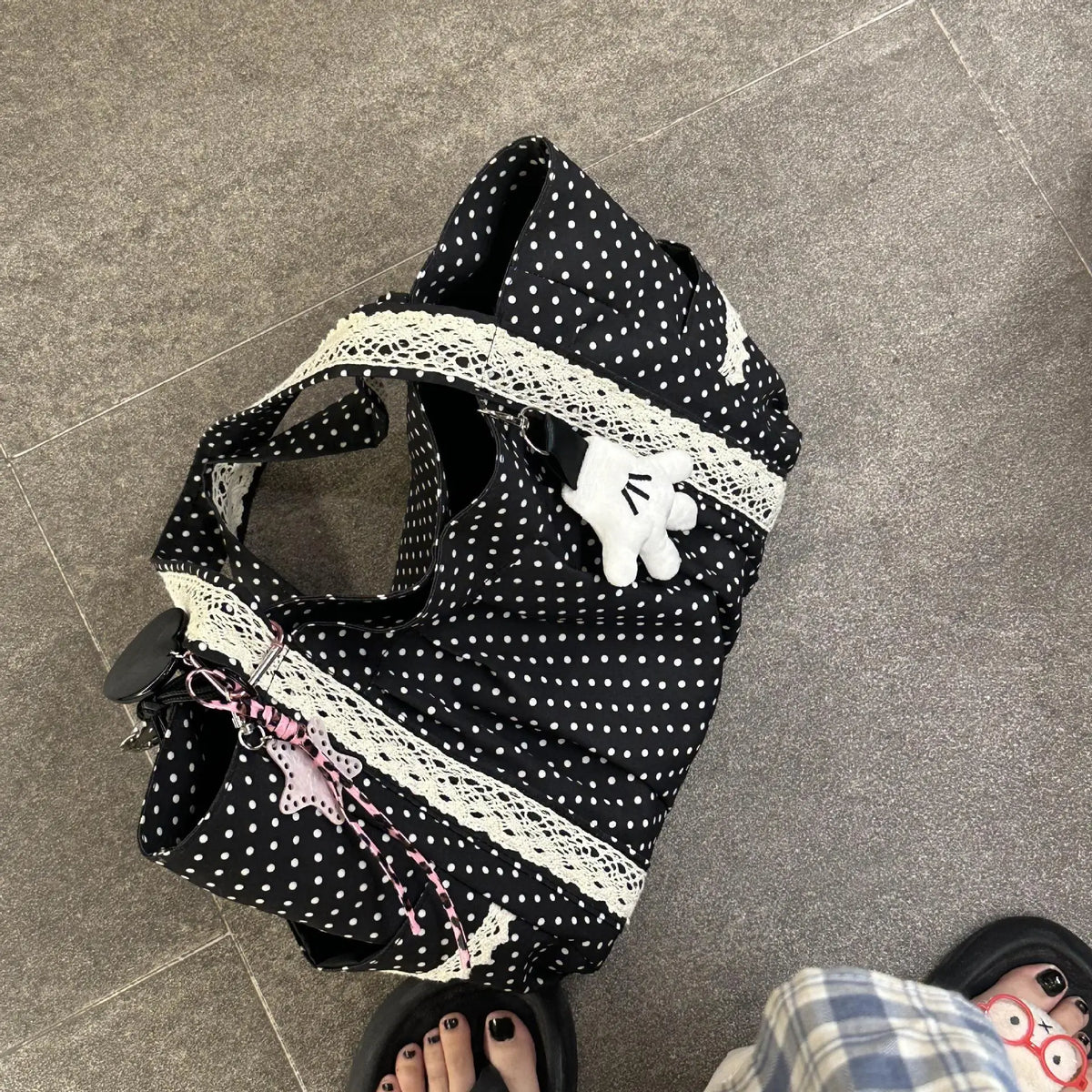 Women Niche Sweet Lace Shoulder Bag Korean Style Vintage Polka Dot Canvas Handbag Large Capacity Multi Pocket Commuting Tote Bag