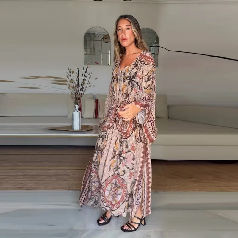Women V Neck Vintage Vine Print Batwing Sleeve Maxi Dress Drawstring Waist Loose Flare Long Dress Mesh Texture Beach Vacation