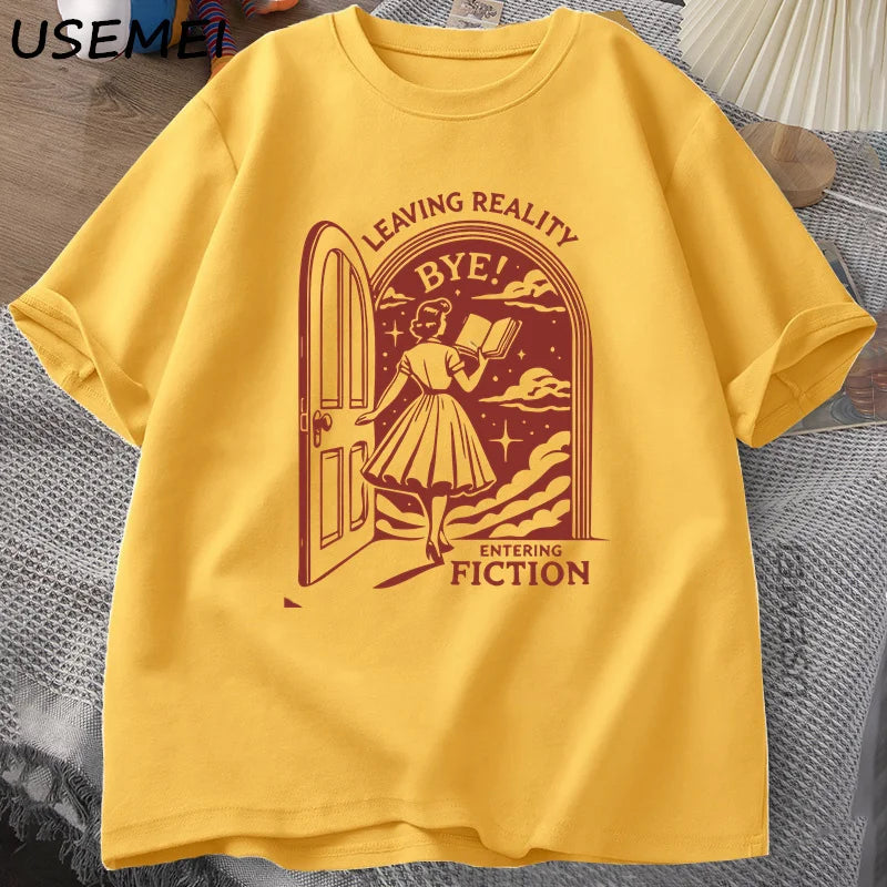 Leaving Reality Entering Fiction T Shirt Men Women Vintage Funny Bookish Book Lover Tshirt Woman Reading T-shirt Streetwear
