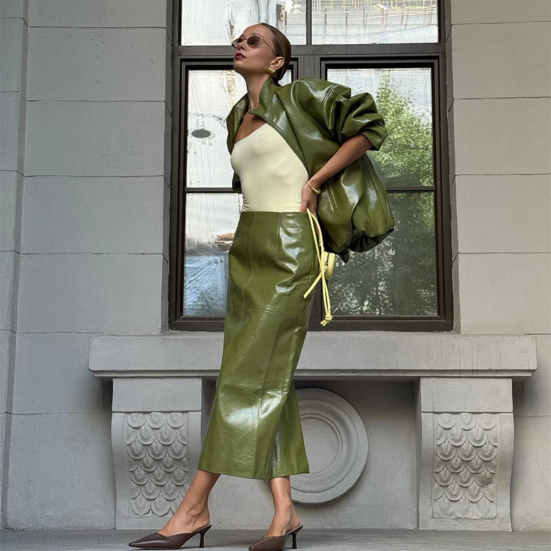 Pu Leather Jacket Skirt Sets Stand Collar Loose Coat Low Waist Solid Long Skirt Autumn Coats Skirt Sets 2025 New Lady Outfits