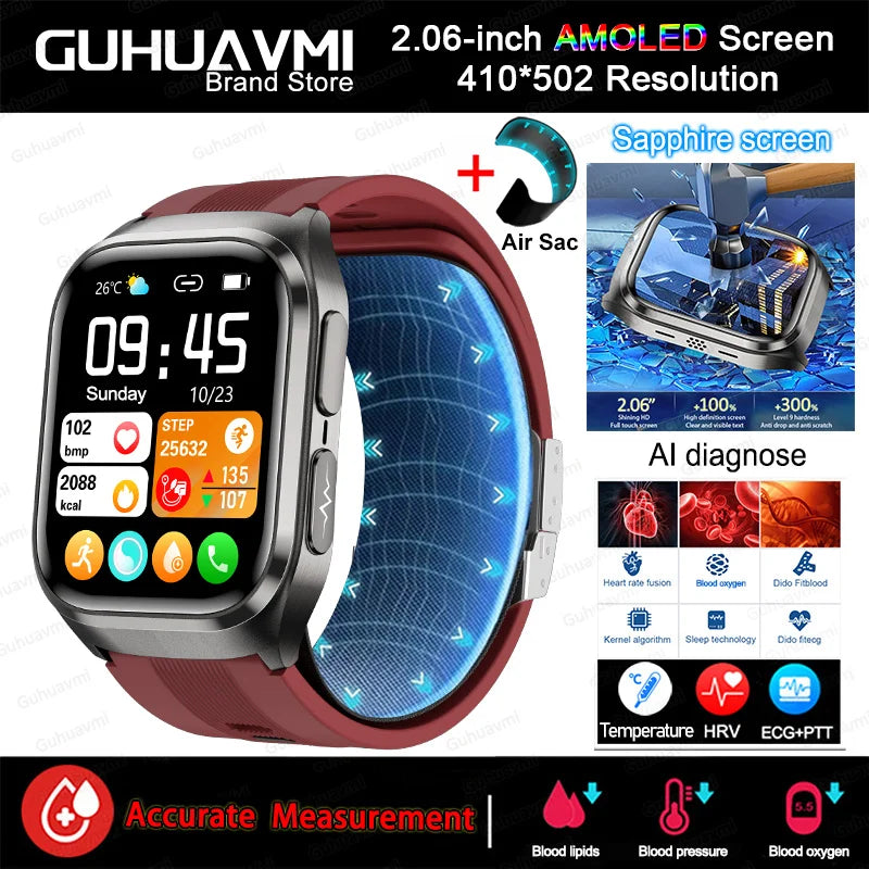2025 New Nursing Grade Air Bag Smart Watch Men Blood Fat ECG+PPG Blood Pressure Broadcast NFC HD BT Call Health SmartWatch Woman