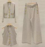 French Style 3-Piece Jacquard Knit Pant Suit – Elegant Vest, Cardigan & Wide-Leg Trousers