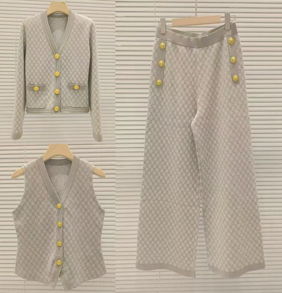 French Style 3-Piece Jacquard Knit Pant Suit – Elegant Vest, Cardigan & Wide-Leg Trousers