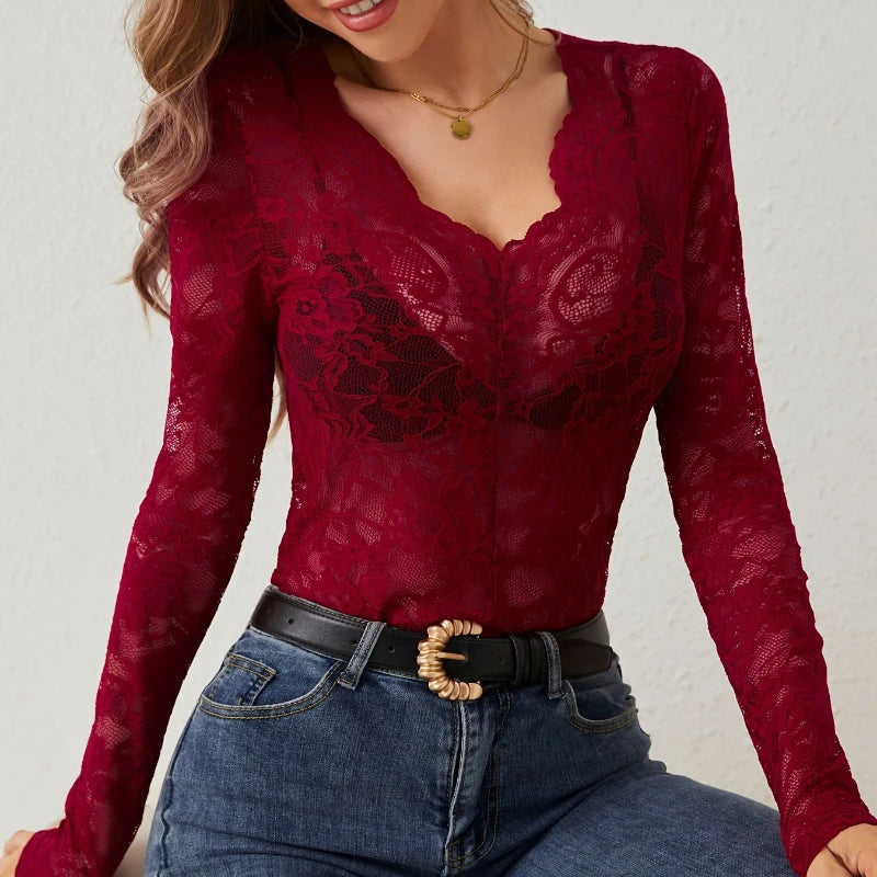 Elegant Floral Lace V-Neck Top