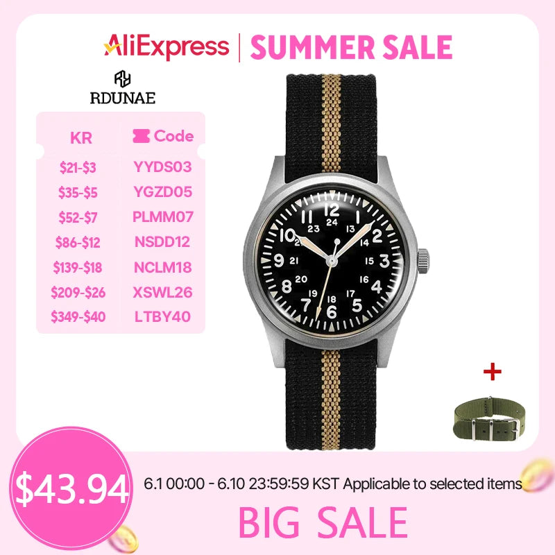 2025 New RDUNAE RA03 34.5mm Military Men Vintage Quartz Watch G10 Miyota 2035 Watches K1 Mineral Glass Stainless Steel Wristwatc