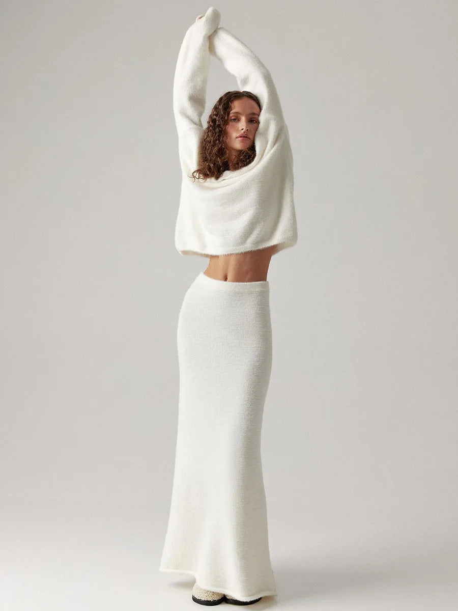 Women's V-Neck Knitted Sweater & Ankle-Length Skirt 2-Piece Set