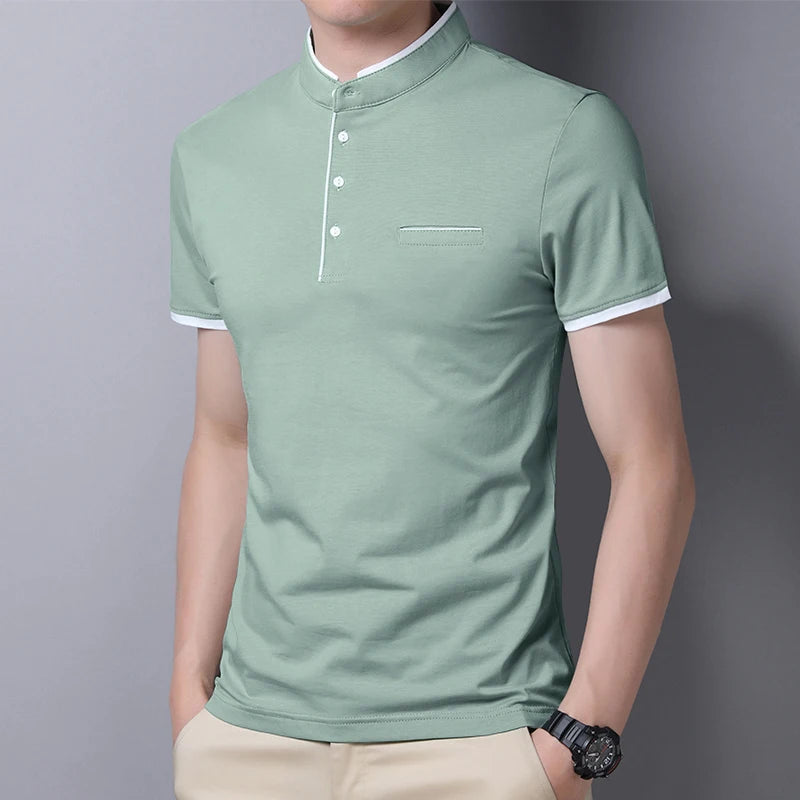 Men's Stand Collar Polo Tee – Solid, Anti-Wrinkle