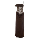 One-Shoulder Lace Gown – Sleeveless Backless Maxi Club Dress