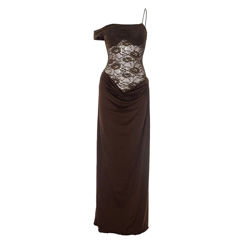 One-Shoulder Lace Gown – Sleeveless Backless Maxi Club Dress