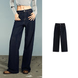 TOYOUTH Women Denim Jeans 2025 Autumn New Lycra Stretch Washed Wide Leg Straight Long Pants