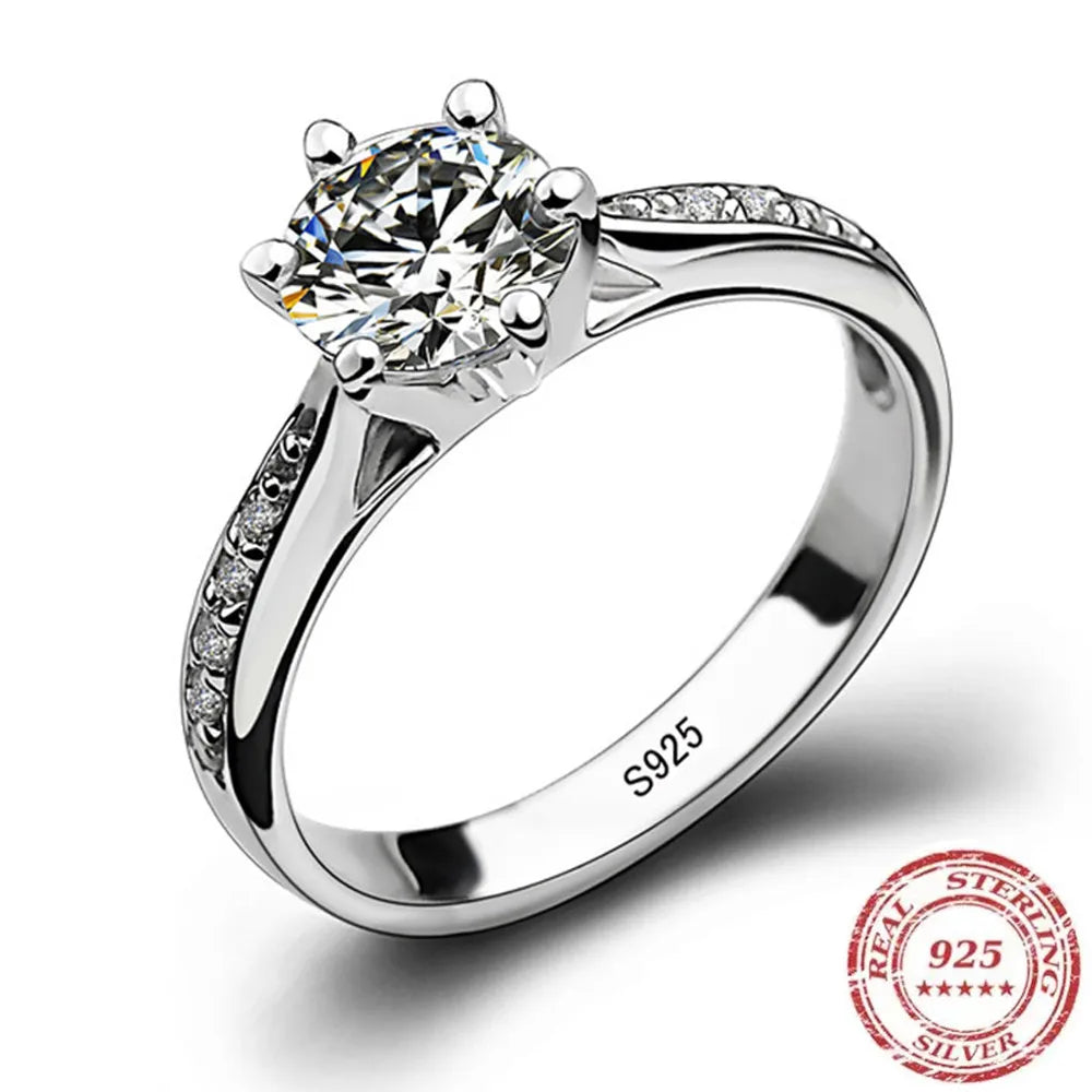 Classic 925 Sterling Silver Six-Claw Solitaire Ring
