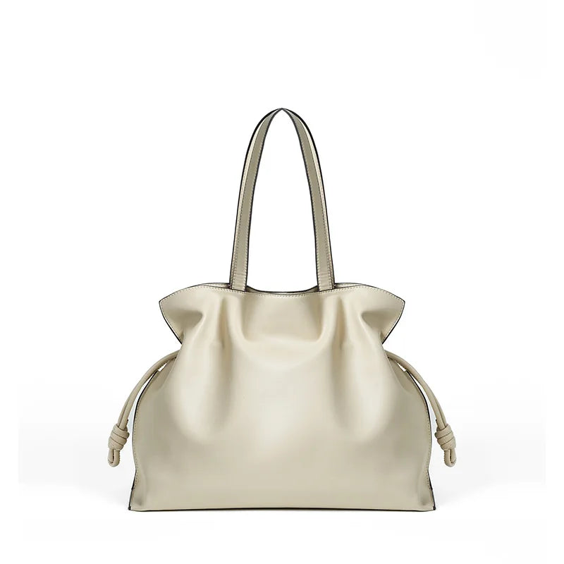 Autumn Winter High-End Leather Bucket Bag Drawstring Pleated Soft Cowhide Single Shoulder Tote Lucky Bag for Women