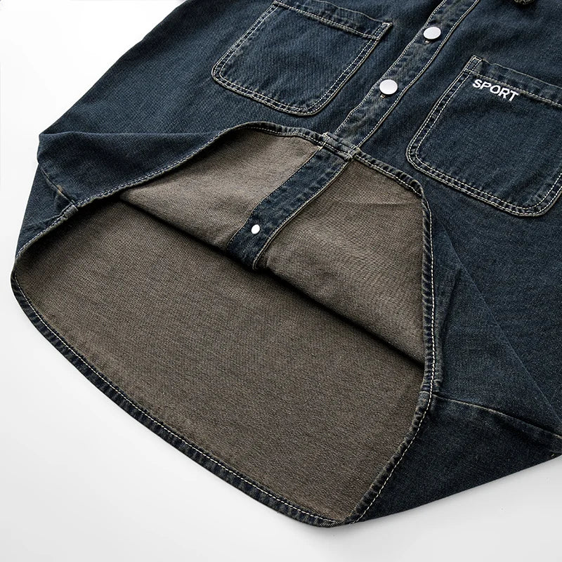 Heavy duty washed denim jacket for men vintage blue lapel long sleeved shirt style jacket casual and loose outer wear