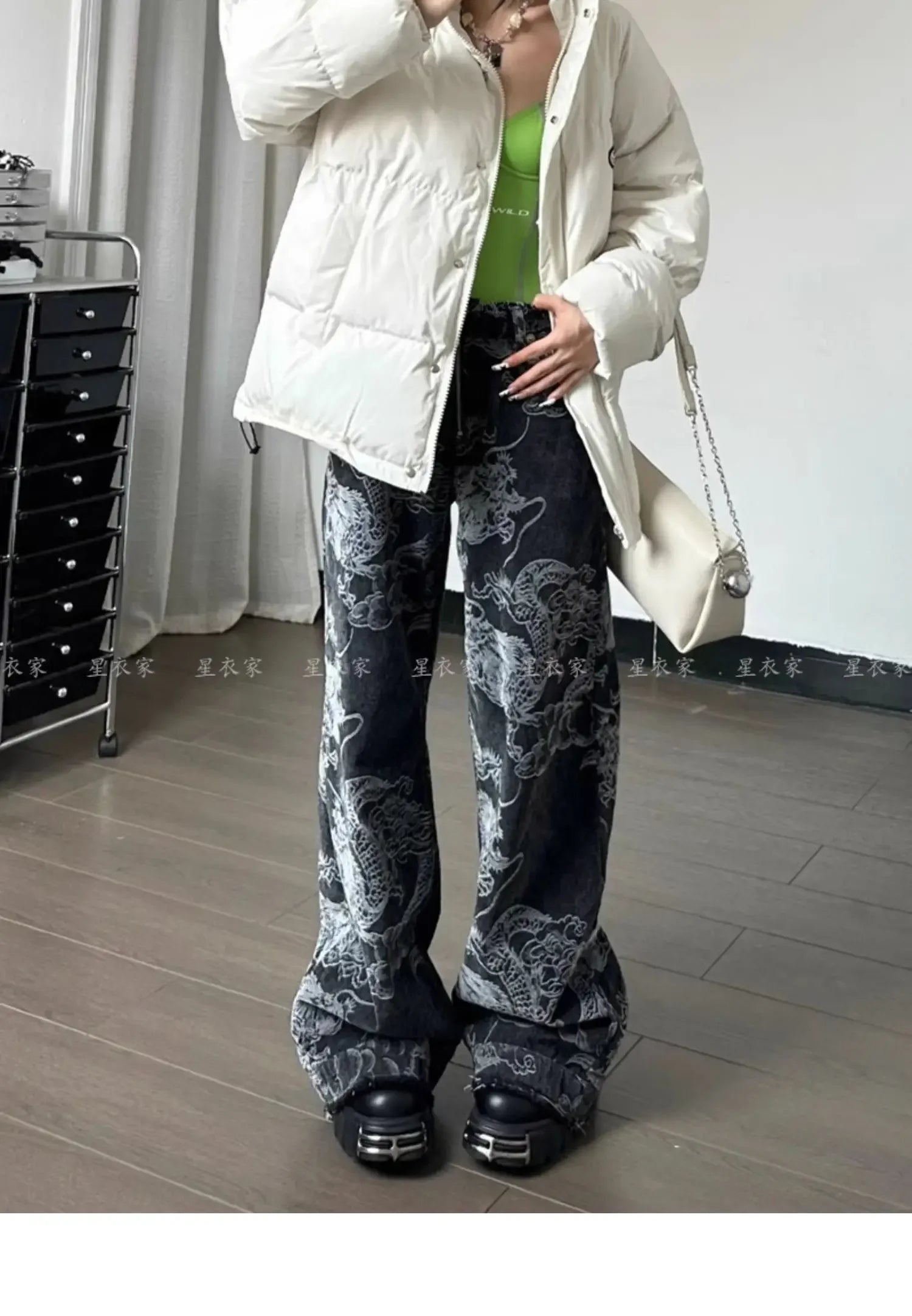 Y2K Dragon Print Baggy High-Waist Denim Jeans for Women