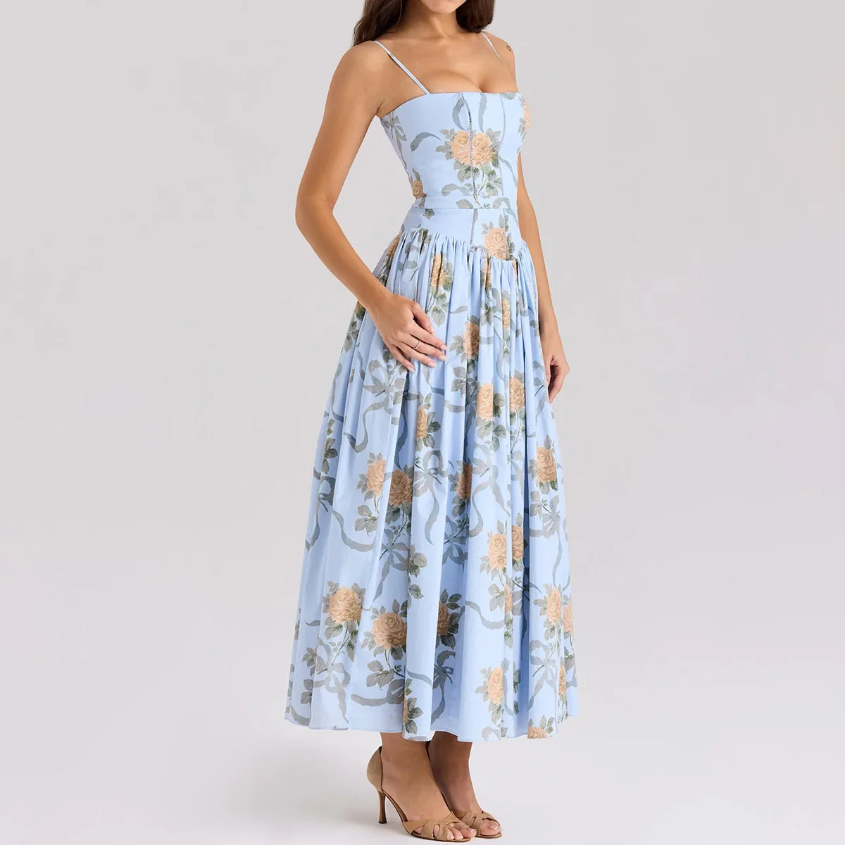 Floral Print Spaghetti Strap Midi Sundress - Elegant Boho Chic Summer Beach Dress