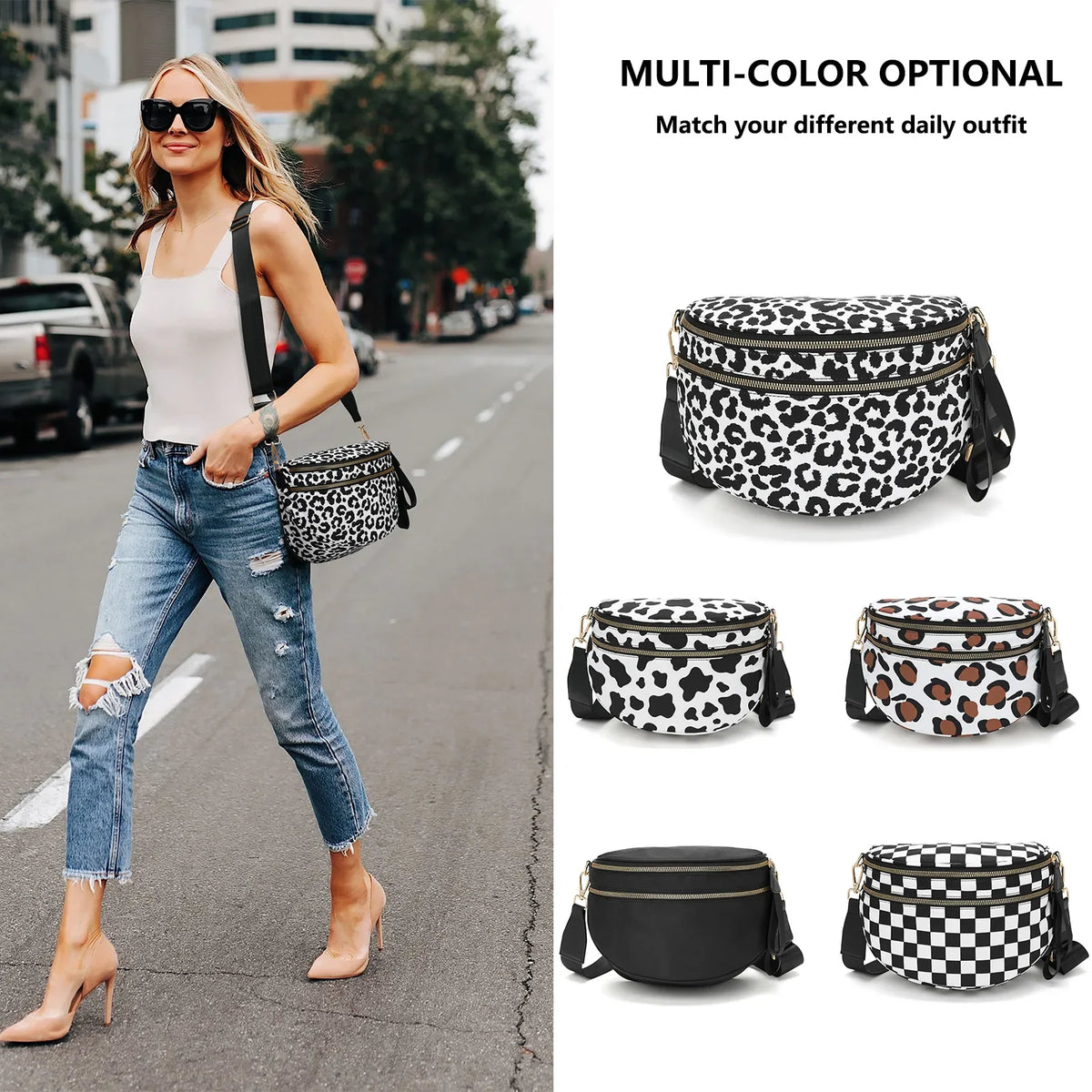Women Checkered Bum Bag Casual Fanny Pack Large Capacity Crossbody Adjustable Strap Simple Shoulder Mommy Bag Daily Travel Tote