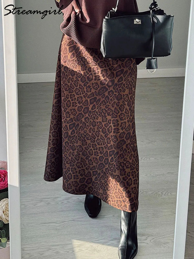 Leopard Print Suede Maxi Skirt – Women's Autumn Winter