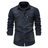 2025 Autumn Cotton Denim Shirts Men Casual Long Sleeve Quality Cowboy Shirt Solid Color Slim Fit Elastic Navy Blue Black Clothes