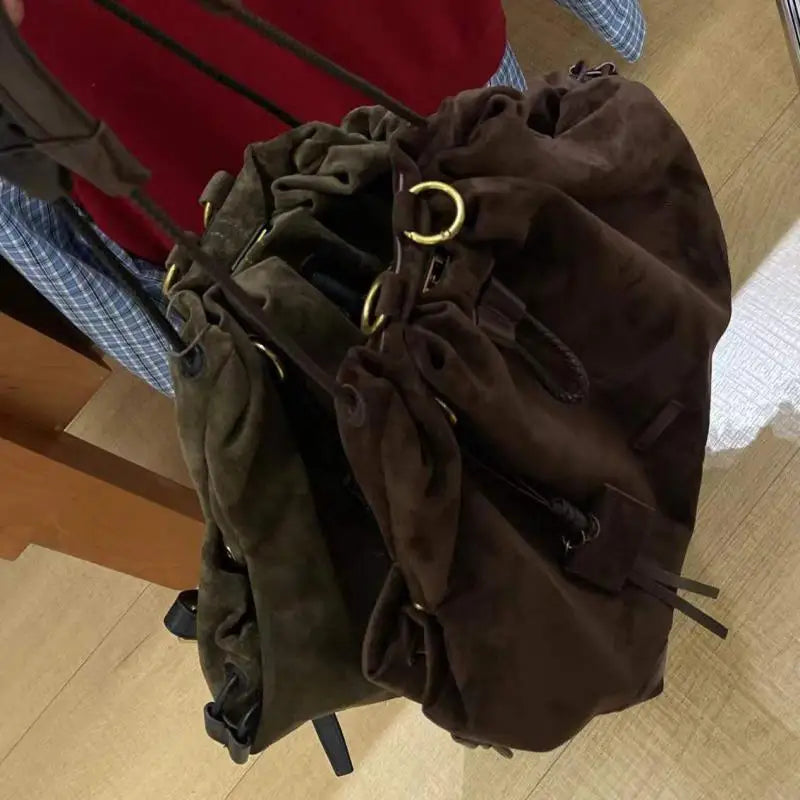 European And American Frosted Suede Bucket Type Backpack Retro Large Capacity Portable Single Shoulder Diagonal Cross Bag Trendy