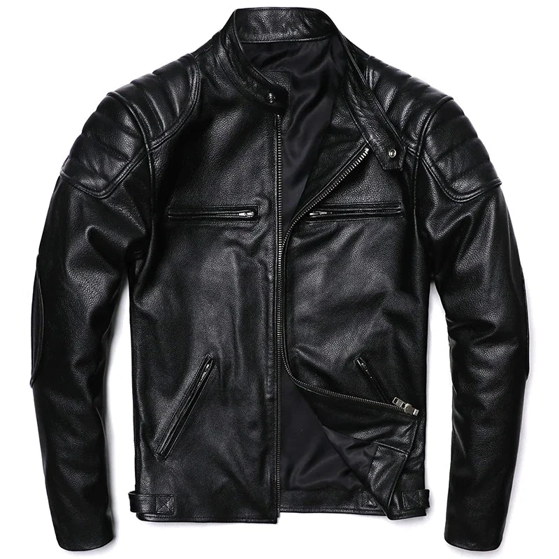 2025 Vintage Brown Genuine Leather Jacket Real Natural Cowhide Men Motorcycle Biker Coat Mens Slim Calf Skin Coat