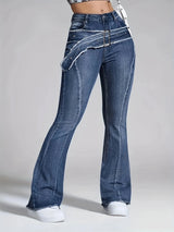 Retro Blue Faux-Waistband Flared Jeans