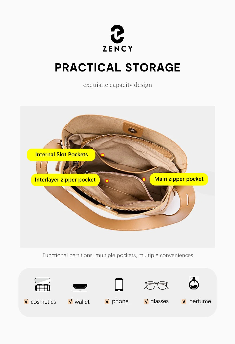 Zency New 2026 TrendyTwo Layer Cow Leather Shopper Shoulder Bag Commuter Large Bucket Handbag Simple High Quality Women Tote Bag