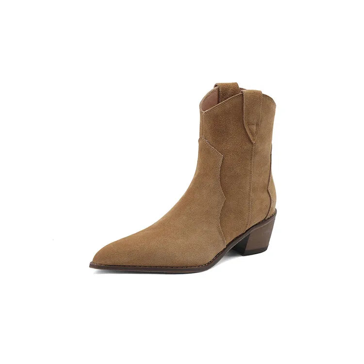 2026 Autumn Cow Suede Women Boots Pointed Toe Chunky Heel Boots for Women Fashion Short Boots Winter Boots Women Western Boots