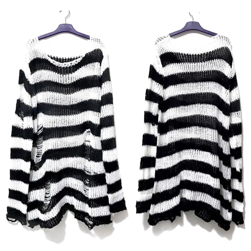 Gothic Striped Distressed Unisex Sweater