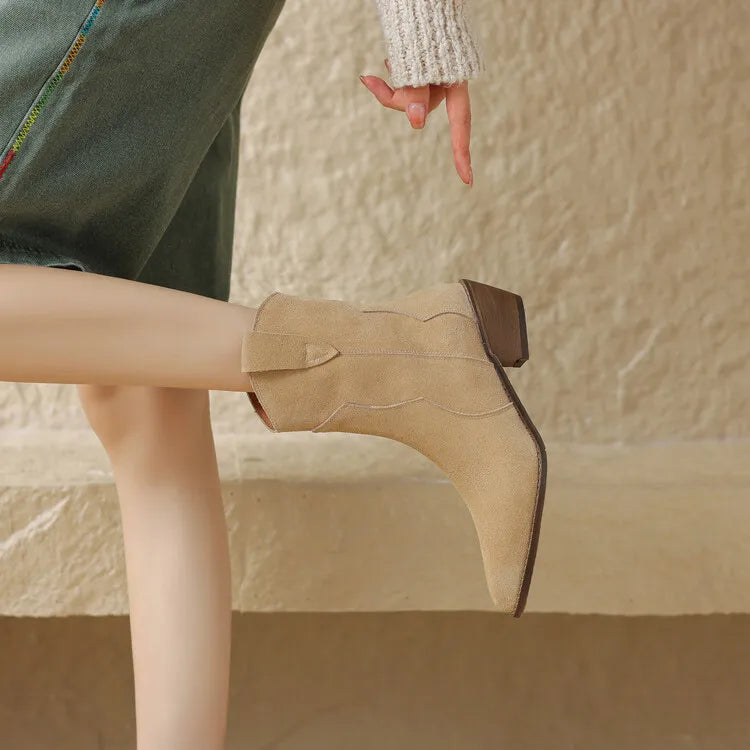 2026 Autumn Cow Suede Women Boots Pointed Toe Chunky Heel Boots for Women Fashion Short Boots Winter Boots Women Western Boots