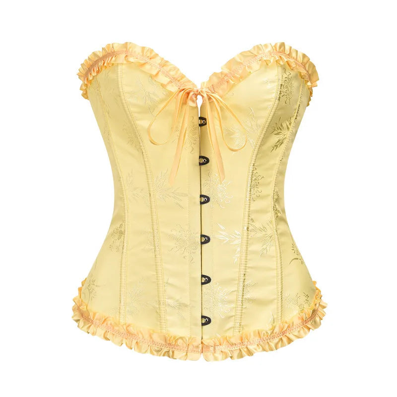 USA-Made Jacquard Ruffled Overbust Corset – Gothic Victorian Push-Up Bustier