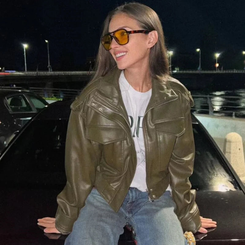 Women's Jacket Faux Leather Jacket Green Women's Demi-Season Jacket Outerwears Women's Autumn New In Coat Windbreaker Streetwear