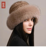 Genuine Knitted Mink Fur Hat with Fox Fur Brim