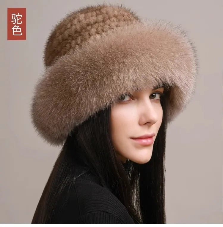Genuine Knitted Mink Fur Hat with Fox Fur Brim