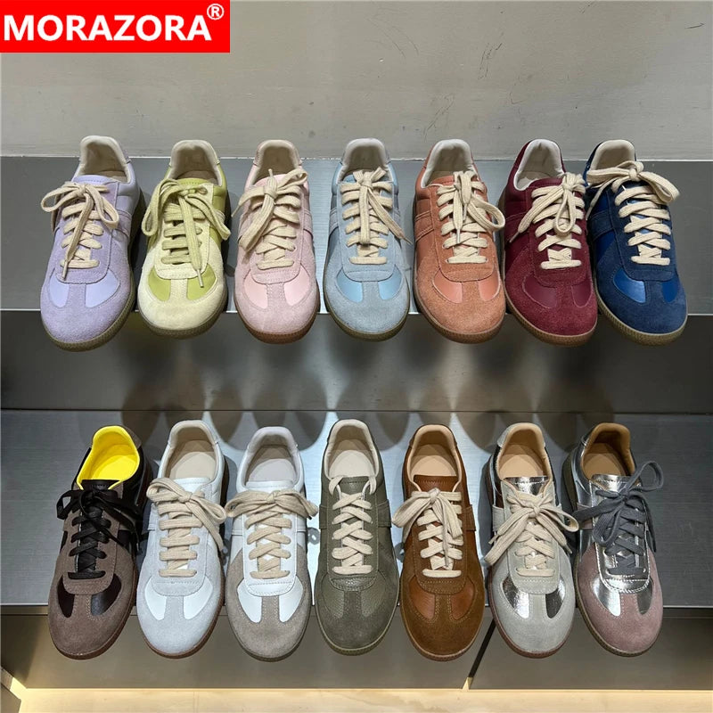 MORAZORA 20 Colors Ins New Genuine Suede Leather Women Flats Lace Up Colors Spring Summer Flat Shoes Casual Sneakers Footwear