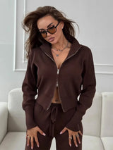 Bornladies Women's New Knit Zip Up Cardigan Wide Leg Pants Set Soft Fabric Cropped Elastic Waist Autumn Winter Fashion Sweater