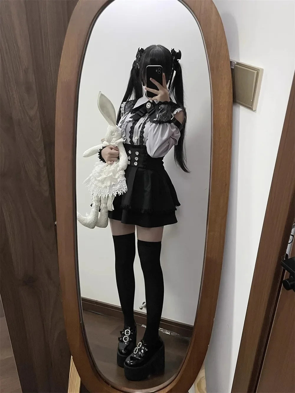 Women‘s Lolita Set Dark Femme Mesh Top & Waist Cinching Skirt, 2025 Autumn Japanese Street Style Coord for Gothic Baddie Fashion