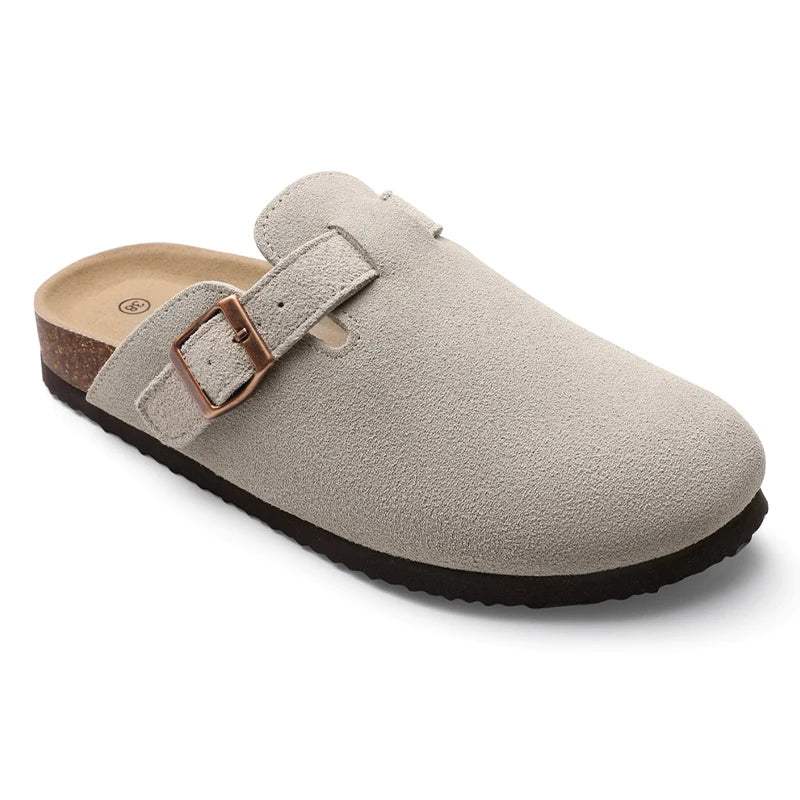 Kidmi Men's Suede Clogs Cork Footbed Clogs for Women Soft Leather Adjustable Buckle Slip-on Potato Shoes Sandals Beach Slippers