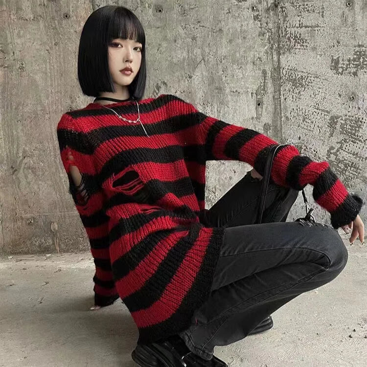 Gothic Striped Distressed Unisex Sweater