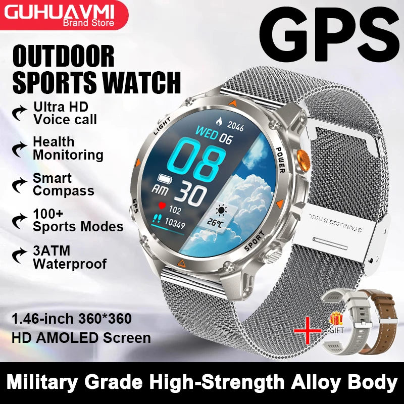 2026 New Military Bluetooth Call Smart Watch Built-in GPS Compass Barometric Altimeter 10ATM Waterproof Sports Smartwatches Men