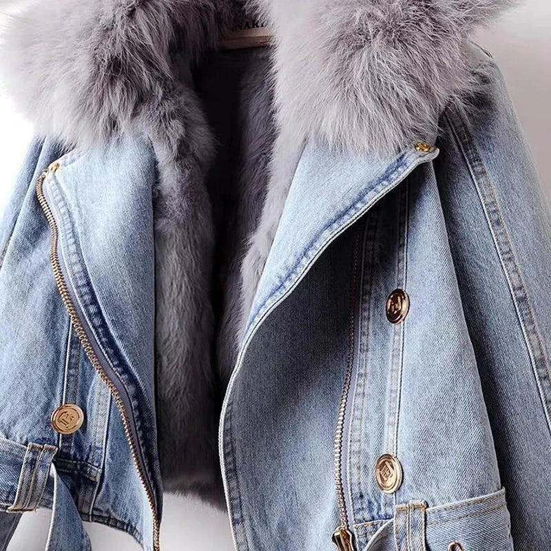 Winter Denim Jacket - Faux Fox Fur Collar & Rabbit Hair Lining Parka