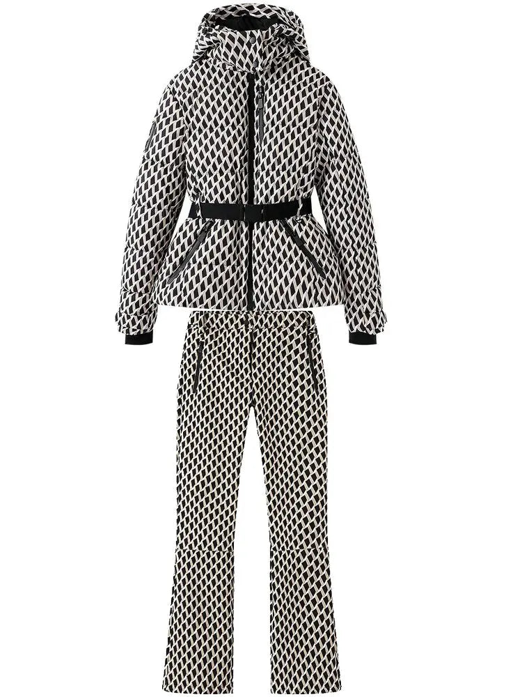 2026 Women's Winter Hooded Padded Sport Parkas Pants 2 PCS Set Belt Female Elegant Warm Windproof Skiing Coats Jackets Trousers